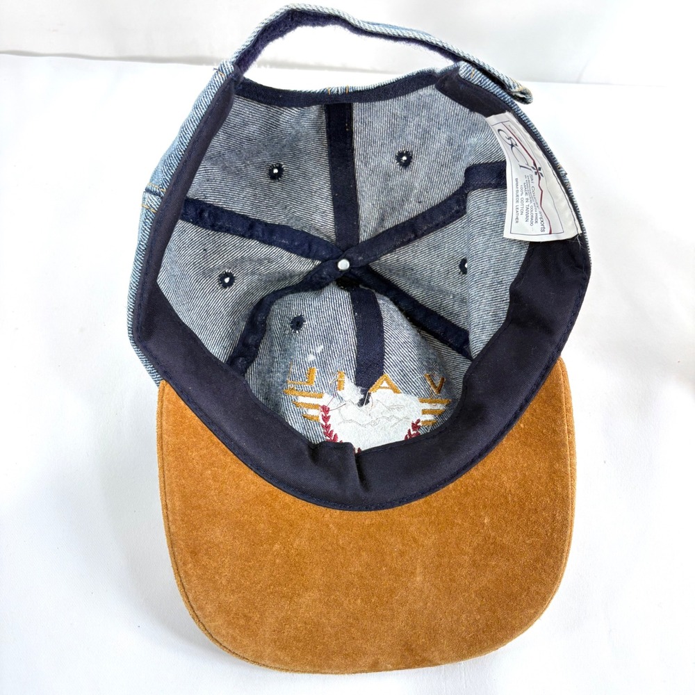 Vintage 90s Vail Colorado Hat Blue Denim Brown Suede Brim Cap Color Block Acid W - Picture 8 of 9